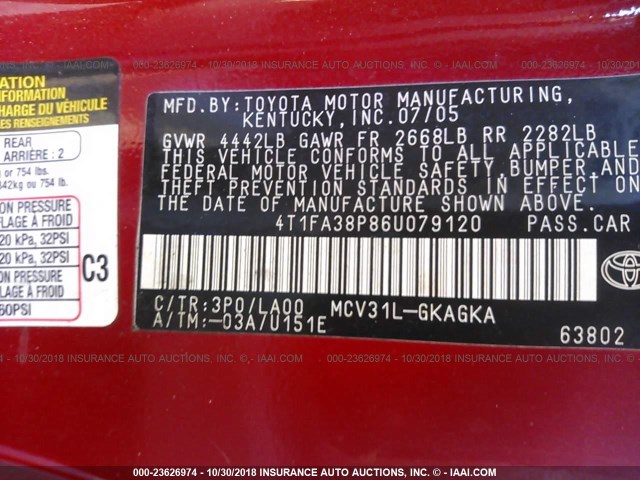 4T1FA38P86U079120 - 2006 TOYOTA CAMRY SOLARA SE/SLE წითელი ფოტო 9