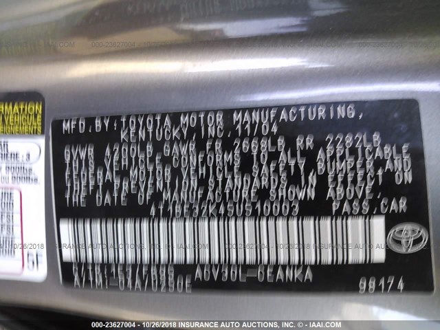 4T1BE32K45U510003 - 2005 TOYOTA CAMRY LE/XLE/SE GRAY photo 9