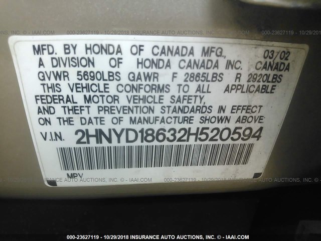 2HNYD18632H520594 - 2002 ACURA MDX TOURING GOLD photo 9