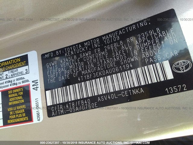 4T1BF3EK0AU061194 - 2010 TOYOTA CAMRY SE/LE/XLE GOLD photo 9