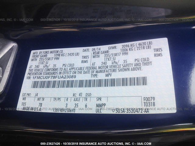 1FMCU0F78FUA23089 - 2015 FORD ESCAPE S BLUE photo 9