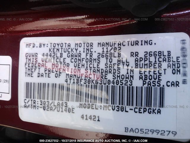 4T1BF30K63U040523 - 2003 TOYOTA CAMRY LE/XLE/SE RED photo 9