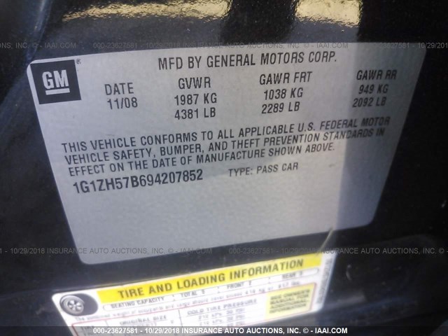1G1ZH57B694207852 - 2009 CHEVROLET MALIBU 1LT BLACK photo 9