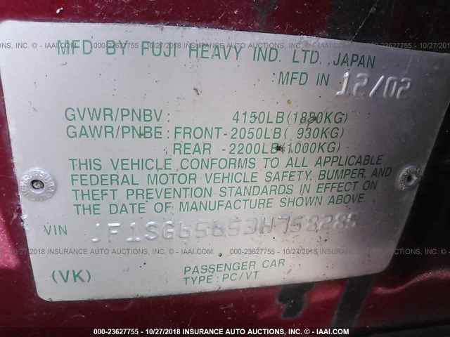 JF1SG65653H758285 - 2003 SUBARU FORESTER 2.5XS წითელი ფოტო 9