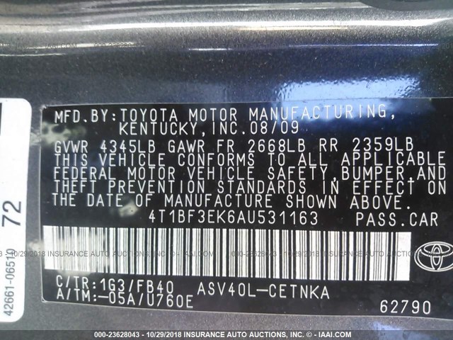 4T1BF3EK6AU531163 - 2010 TOYOTA CAMRY SE/LE/XLE GRAY photo 9