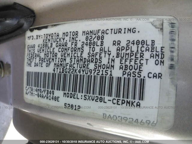 4T1BG22K4YU972151 - 2000 TOYOTA CAMRY CE/LE/XLE 米色 照片 9