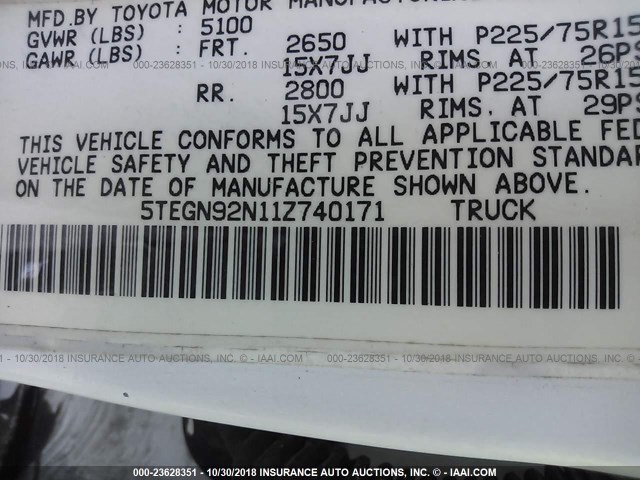 5TEGN92N11Z740171 - 2001 TOYOTA TACOMA DOUBLE CAB PRERUNNER WHITE photo 9