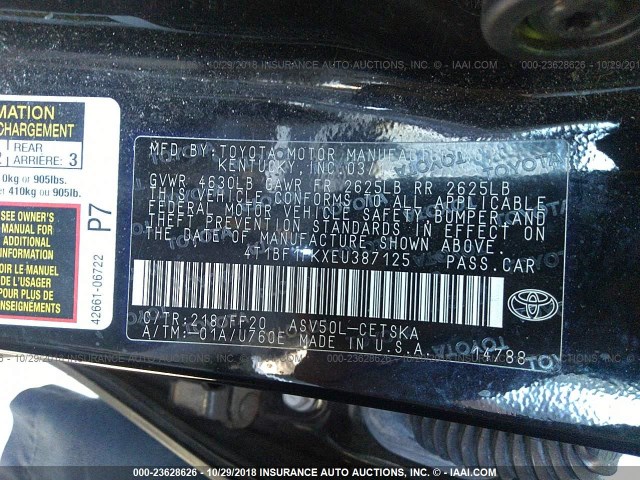 4T1BF1FKXEU387125 - 2014 TOYOTA CAMRY L/SE/LE/XLE Qara foto 9
