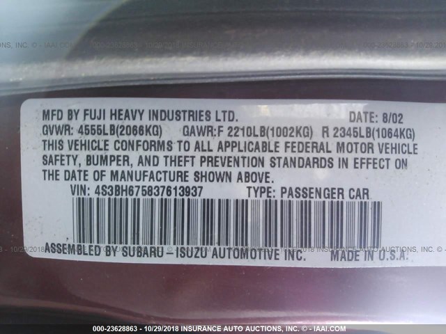 4S3BH675837613937 - 2003 SUBARU LEGACY OUTBACK AWP 栗色 照片 9