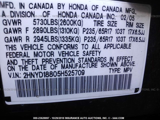 2HNYD18805H525709 - 2005 ACURA MDX TOURING BLACK photo 9