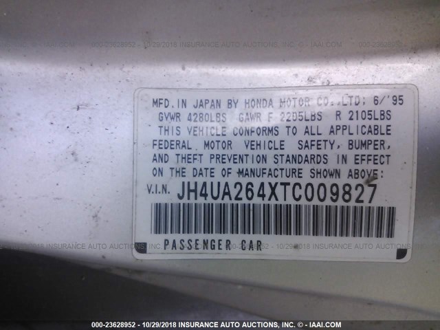 JH4UA264XTC009827 - 1996 ACURA 2.5TL SILVER photo 9