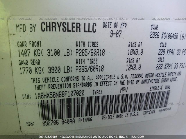 1A8HX58N68F107020 - 2008 CHRYSLER ASPEN LIMITED WHITE photo 9