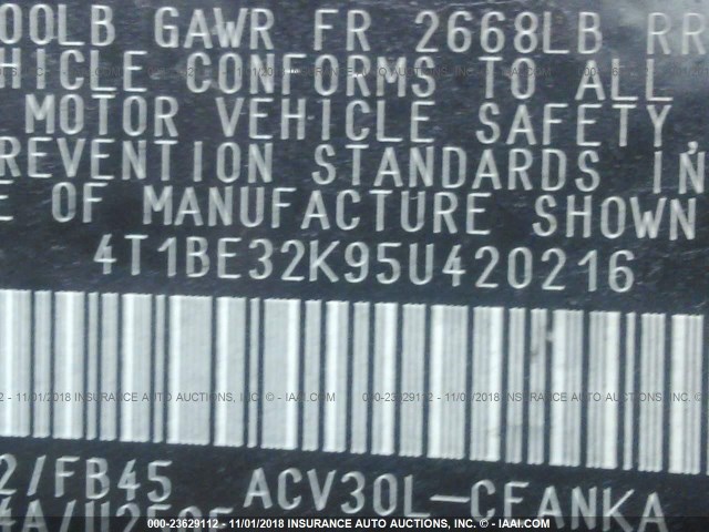 4T1BE32K95U420216 - 2005 TOYOTA CAMRY LE/XLE/SE 金色 照片 9