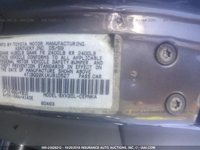 4T1BG22K1XU910527 - 1999 TOYOTA CAMRY CE/LE/XLE 灰色 照片 9