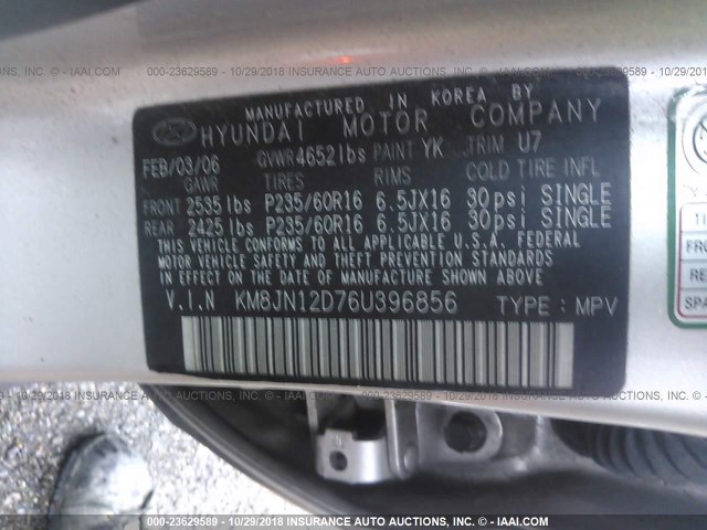 KM8JN12D76U396856 - 2006 HYUNDAI TUCSON GLS/LIMITED SILVER photo 9