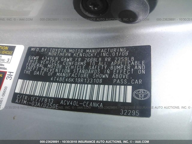 4T4BE46K19R133108 - 2009 TOYOTA CAMRY SE/LE/XLE GRAY photo 9