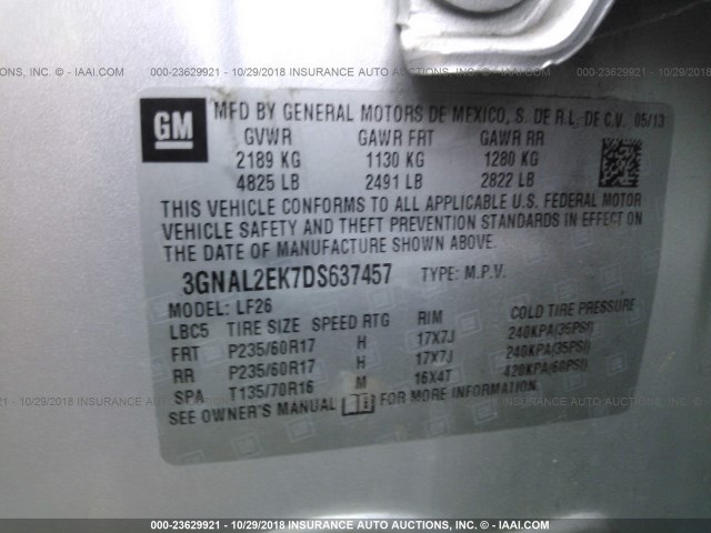 3GNAL2EK7DS637457 - 2013 CHEVROLET CAPTIVA LS 银色 照片 9