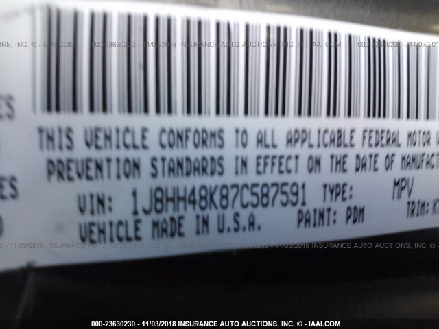 1J8HH48K87C587591 - 2007 JEEP COMMANDER GRAY photo 9