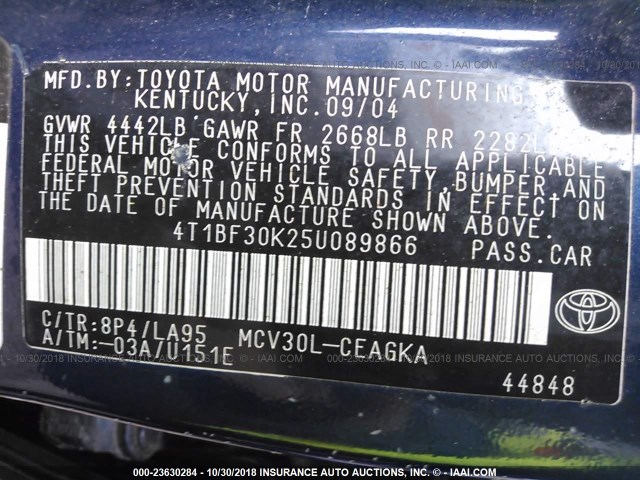 4T1BF30K25U089866 - 2005 TOYOTA CAMRY LE/XLE/SE 深蓝色 照片 9