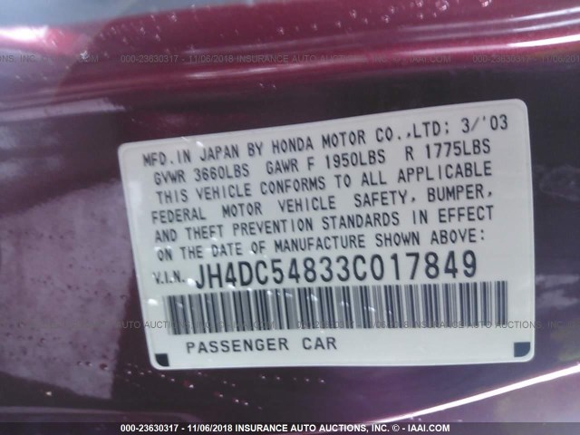 JH4DC54833C017849 - 2003 ACURA RSX RED photo 9