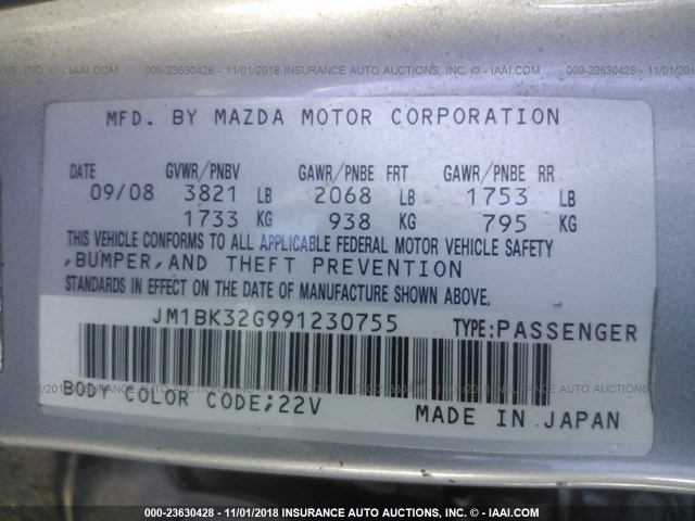 JM1BK32G991230755 - 2009 MAZDA 3 I SILVER photo 9