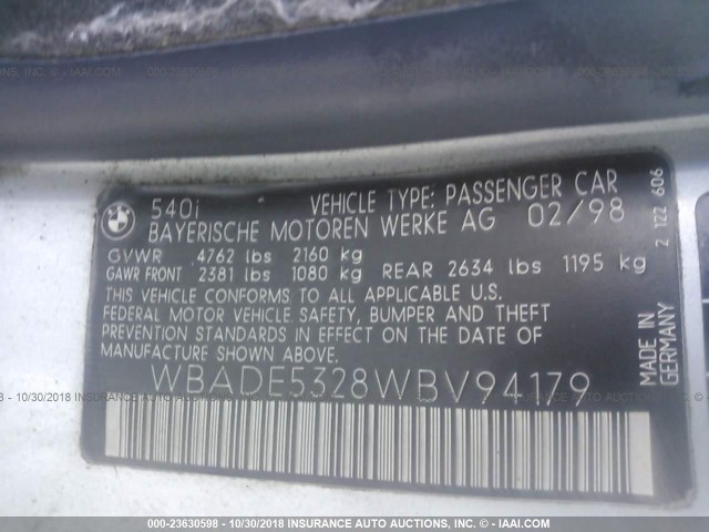 WBADE5328WBV94179 - 1998 BMW 540 I SILVER photo 9