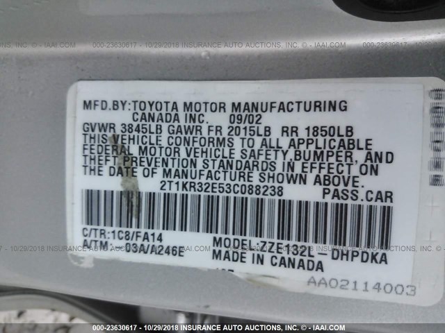2T1KR32E53C088238 - 2003 TOYOTA COROLLA MATRIX XR SILVER photo 9