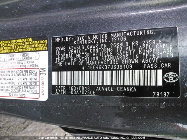 4T1BE46K37U639109 - 2007 TOYOTA CAMRY NEW GENERAT CE/LE/XLE/SE GRAY photo 9
