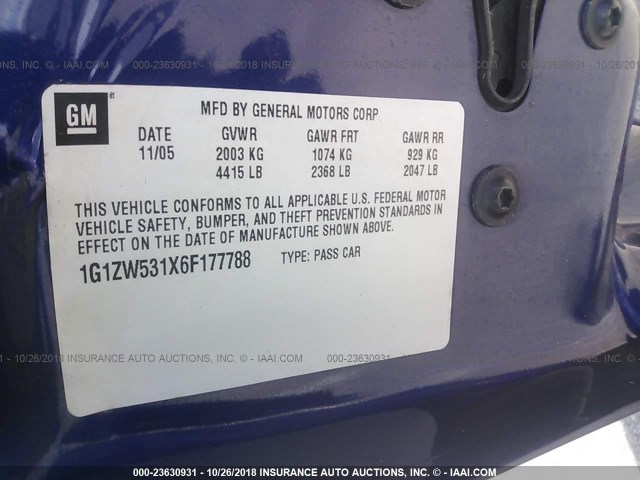 1G1ZW531X6F177788 - 2006 CHEVROLET MALIBU SS BLUE photo 9