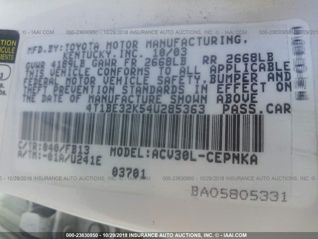 4T1BE32K54U285363 - 2004 TOYOTA CAMRY LE/XLE/SE WHITE photo 9