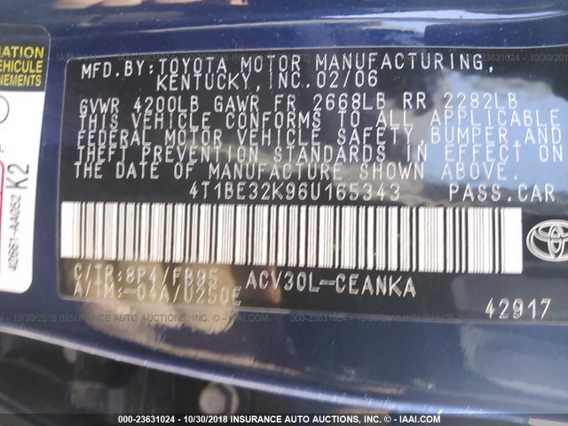4T1BE32K96U165343 - 2006 TOYOTA CAMRY LE/XLE/SE BLUE photo 9