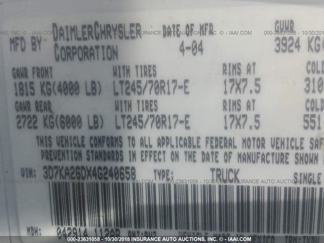 3D7KA26DX4G240658 - 2004 DODGE RAM 2500 ST/SLT 白色 照片 9