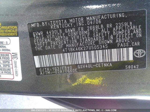 4T1BK46K27U505345 - 2007 TOYOTA CAMRY NEW GENERAT LE/XLE/SE GRAY photo 9