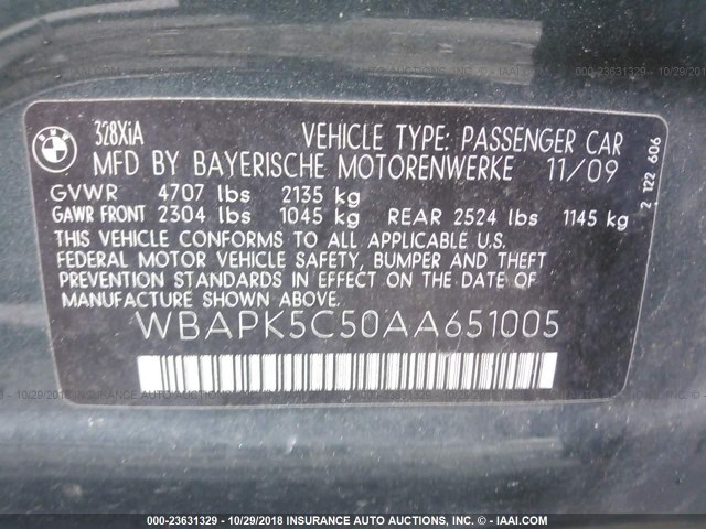 WBAPK5C50AA651005 - 2010 BMW 328 XI SULEV GREEN photo 9