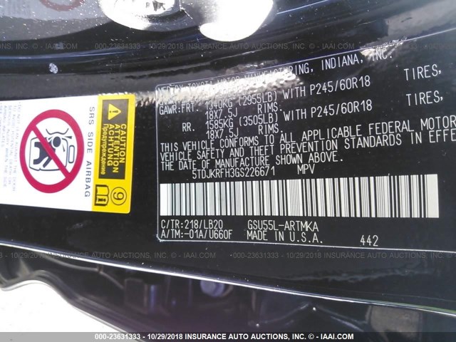 5TDJKRFH3GS226671 - 2016 TOYOTA HIGHLANDER XLE შავი ფოტო 9