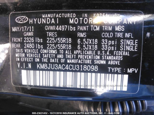 KM8JU3AC4CU318098 - 2012 HYUNDAI TUCSON GLS/LIMITED შავი ფოტო 9