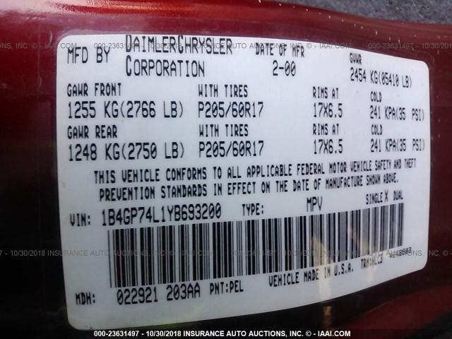 1B4GP74L1YB693200 - 2000 DODGE GRAND CARAVAN ES BURGUNDY photo 9