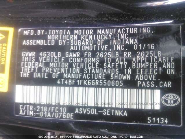 4T4BF1FK6GR550605 - 2016 TOYOTA CAMRY LE/XLE/SE/XSE 黑色 照片 9