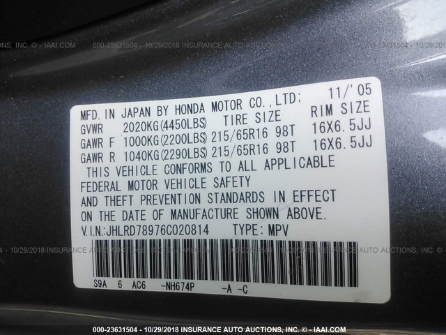 JHLRD78976C020814 - 2006 HONDA CR-V SE/EX GRAY photo 9