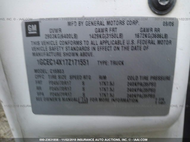 1GCEC14X17Z171551 - 2007 CHEVROLET SILVERADO C1500 CLASSIC WHITE photo 9