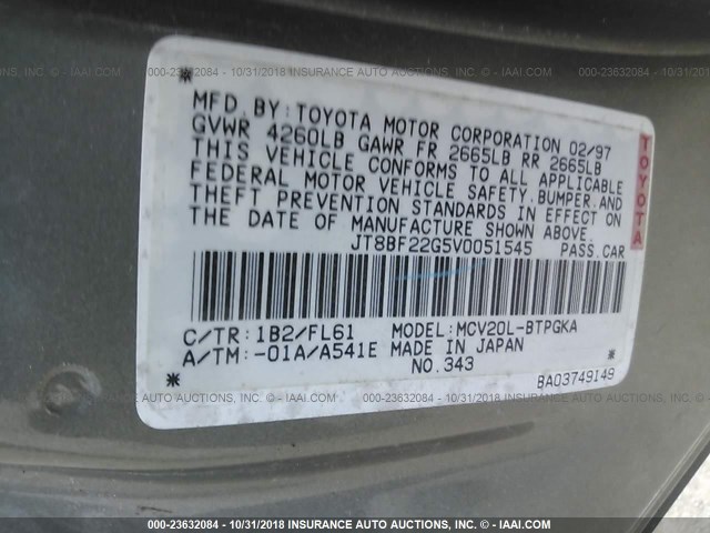 JT8BF22G5V0051545 - 1997 LEXUS ES 300 GRAY photo 9