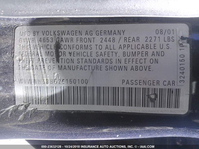 WVWWH63B52E150100 - 2002 VOLKSWAGEN PASSAT GLX BLUE photo 9