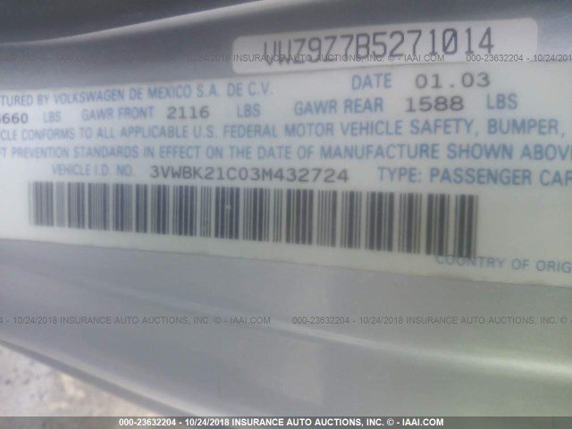 3VWBK21C03M432724 - 2003 VOLKSWAGEN NEW BEETLE GL 银色 照片 9