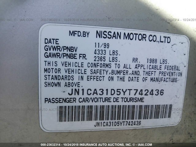 JN1CA31D5YT742436 - 2000 NISSAN MAXIMA GLE/GXE/SE BEIGE photo 9