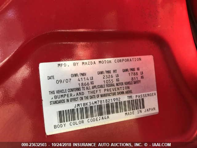JM1BK34M781821992 - 2008 MAZDA SPEED 3 RED photo 9