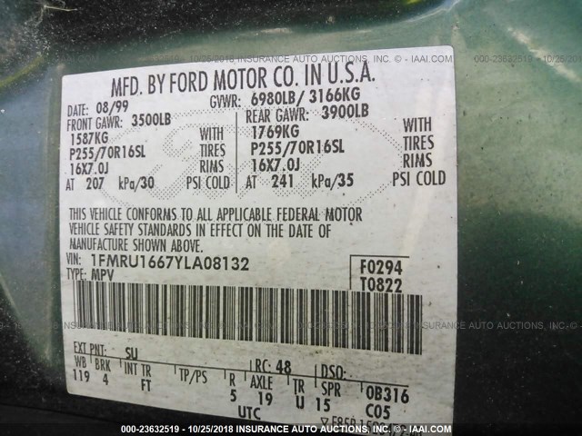 1FMRU1667YLA08132 - 2000 FORD EXPEDITION XLT GREEN photo 9