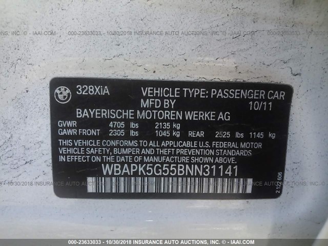 WBAPK5G55BNN31141 - 2011 BMW 328 XI SULEV WHITE photo 9