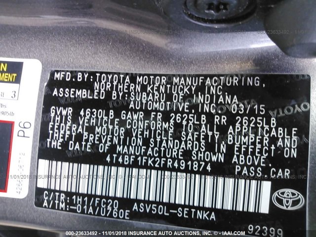 4T4BF1FK2FR491874 - 2015 TOYOTA CAMRY LE/XLE/SE/XSE GRAY photo 9