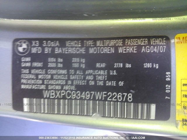 WBXPC93497WF22678 - 2007 BMW X3 3.0SI GRAY photo 9