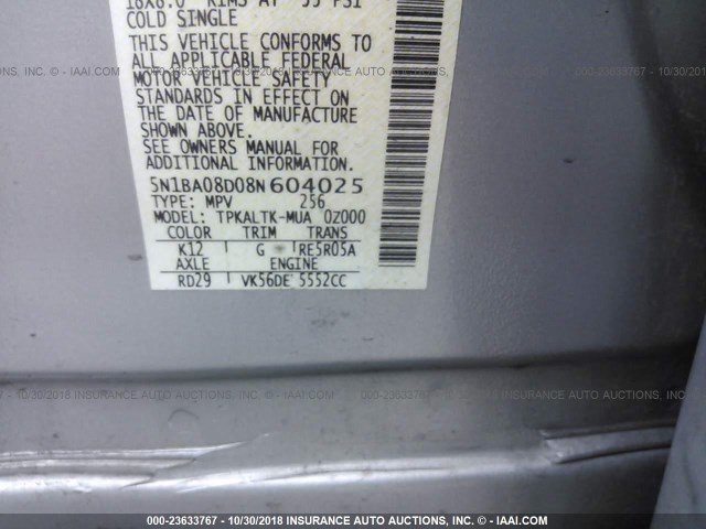 5N1BA08D08N604025 - 2008 NISSAN ARMADA SE/LE SILVER photo 9